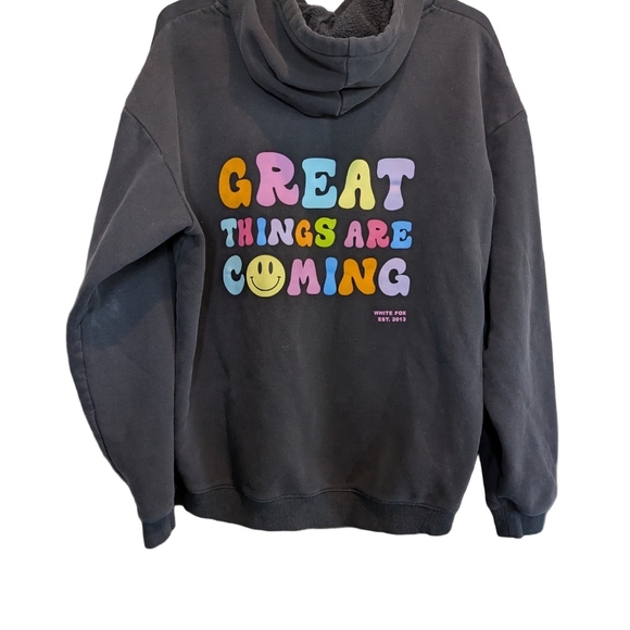 White Fox Unisex Hoodie Black Great Things Are Coming Smiley Graphic Size S/M - Picture 1 of 6
